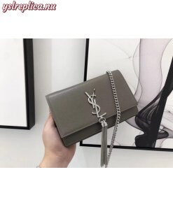 Replica YSL Fake Saint Laurent Small Kate Tassel Bag In Grey Grained Leather 2