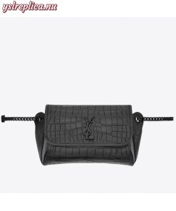 Replica YSL Fake Saint Laurent Niki Body Bag In Black Croco-Embossed Leather