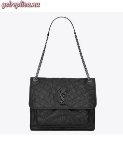 Replica YSL Fake Saint Laurent Large Niki Chain Bag In Black Crinkled Leather