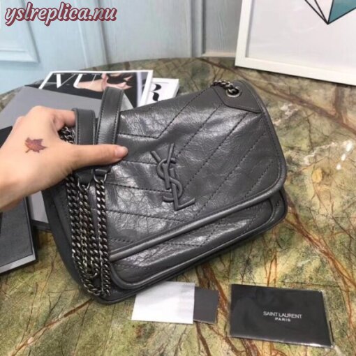 Replica YSL Fake Saint Laurent Baby Niki Chain Bag In Storm Gray Crinkled Leather 7