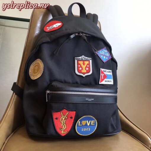 Replica YSL Fake Saint Laurent Black City Backpack With Patches 4