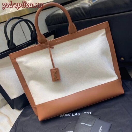 Replica YSL Fake Saint Laurent Tag Shopping Bag In Canvas And Brown Leather 3