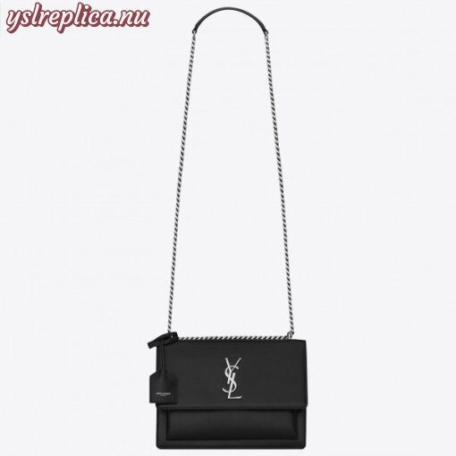 Replica YSL Fake Saint Laurent Sunset Medium Bag In Black Grained Leather