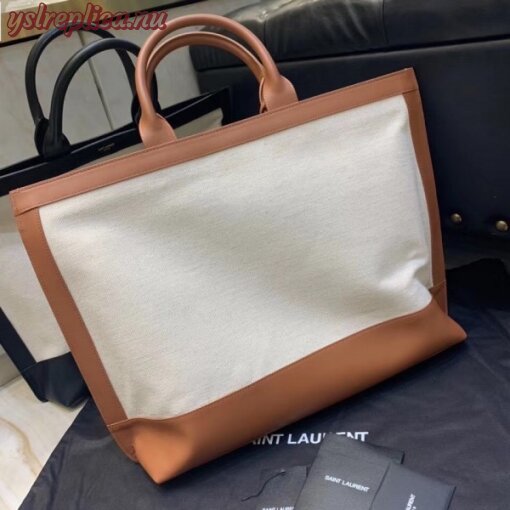 Replica YSL Fake Saint Laurent Tag Shopping Bag In Canvas And Brown Leather 9