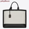 Replica YSL Fake Saint Laurent Tag Shopping Bag In Canvas And Brown Leather 12