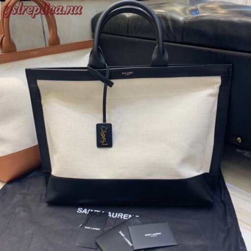 Replica YSL Fake Saint Laurent Tag Shopping Bag In Canvas And Black Leather 2