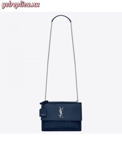 Replica YSL Fake Saint Laurent Sunset Medium Bag In Blue Crocodile Embossed Leather