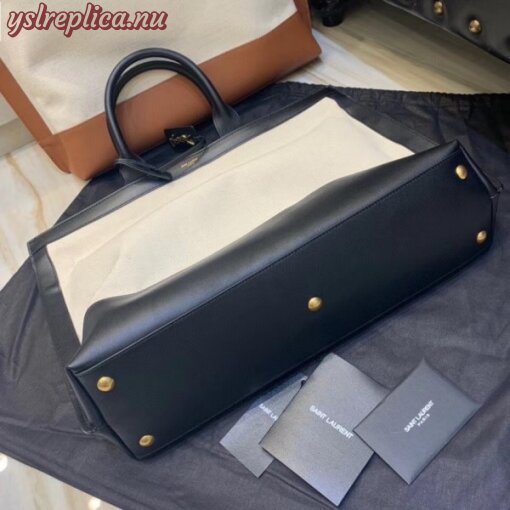 Replica YSL Fake Saint Laurent Tag Shopping Bag In Canvas And Black Leather 7