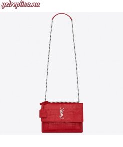 Replica YSL Fake Saint Laurent Sunset Medium Bag In Red Crocodile Embossed Leather