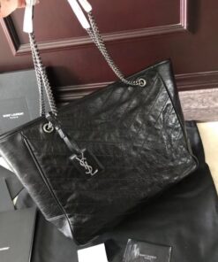 Replica YSL Fake Saint Laurent Niki Shopping Bag In Black Crinkled Calfskin 2