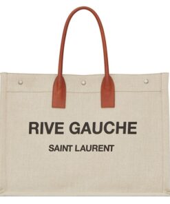 Replica YSL Fake Saint Laurent Beige Linen Rive Gauche Tote Bag