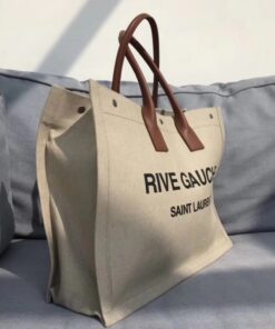 Replica YSL Fake Saint Laurent Beige Linen Rive Gauche Tote Bag 2