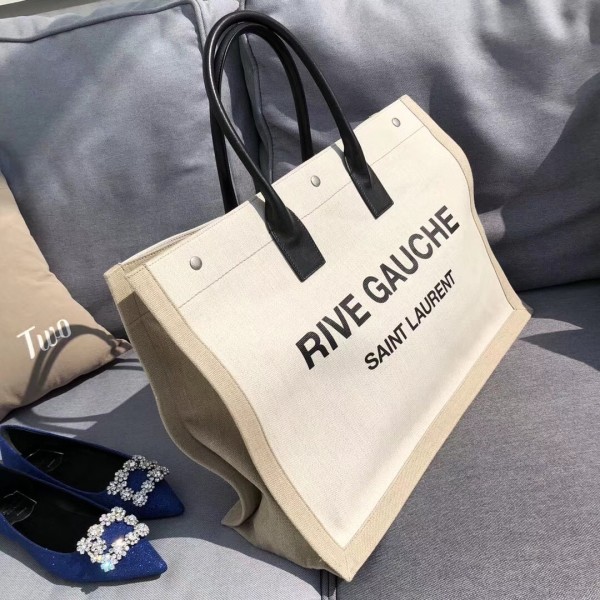 Saint Laurent Rive Gauche Tote Bag In Beige Linen And Cognac