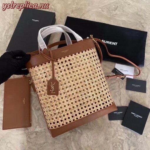 Replica YSL Fake Saint Laurent N/S Toy Shopping Bag In Woven Cane And Leather 5