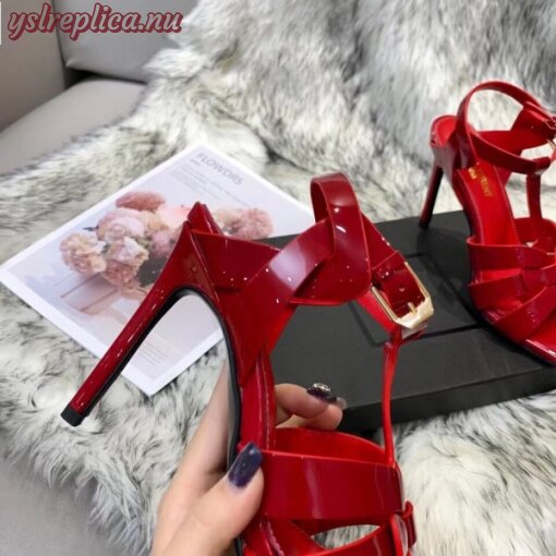 Replica YSL Fake Saint Laurent Tribute High Heel Sandals In Red Patent Leather 8