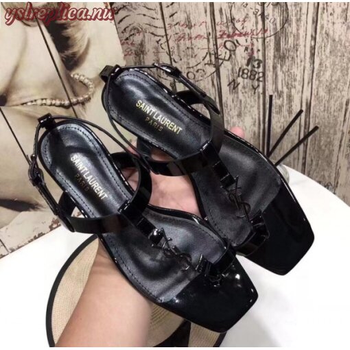 Replica YSL Fake Saint Laurent Cassandra Flat Sandals In Black Patent Leather 6