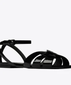 Replica YSL Fake Saint Laurent Tribute Flat Sandals In Black Patent Leather