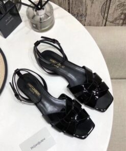 Replica YSL Fake Saint Laurent Tribute Flat Sandals In Black Patent Leather 2