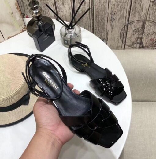 Replica YSL Fake Saint Laurent Tribute Flat Sandals In Black Patent Leather 4