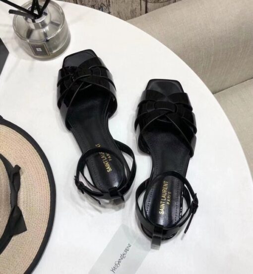 Replica YSL Fake Saint Laurent Tribute Flat Sandals In Black Patent Leather 5