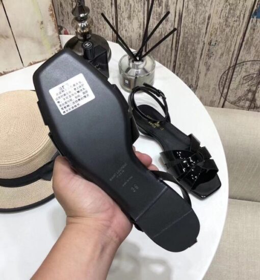 Replica YSL Fake Saint Laurent Tribute Flat Sandals In Black Patent Leather 6