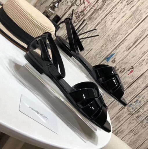 Replica YSL Fake Saint Laurent Tribute Flat Sandals In Black Patent Leather 8