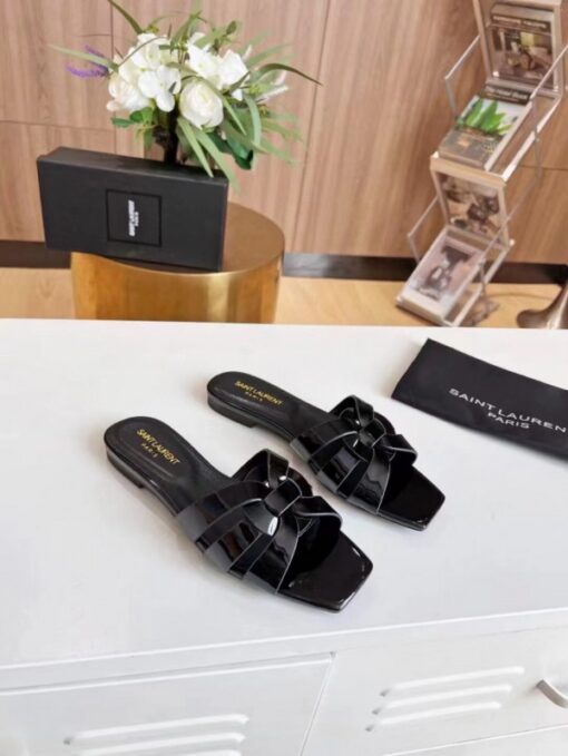 Replica YSL Fake Saint Laurent Tribute Slides In Black Patent Leather 5