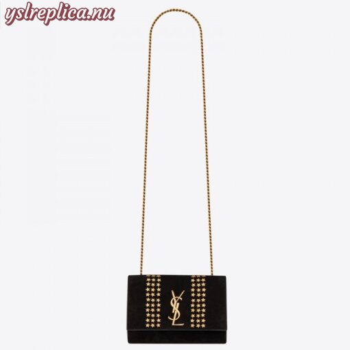 Replica YSL Fake Saint Laurent Kate Small Bag In Black Suede With Star Studs