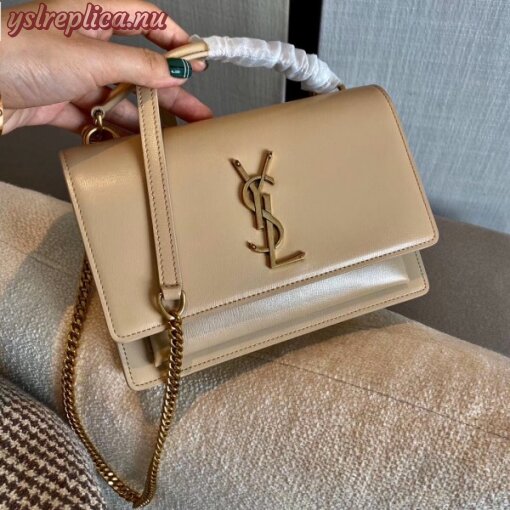 Replica YSL Fake Saint Laurent WOC Sunset Chain Wallet In Taupe Calfskin 3