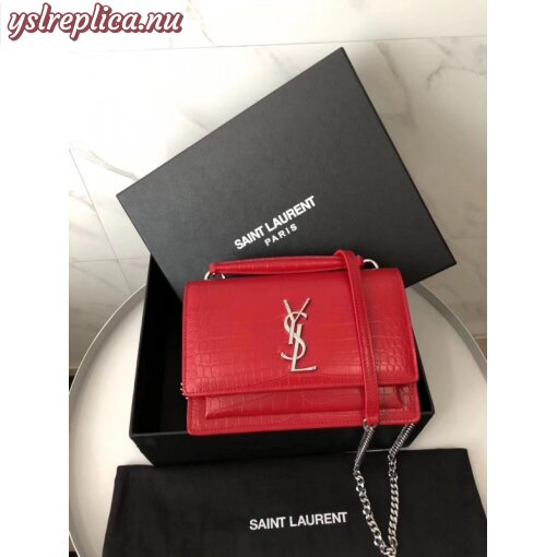 Replica YSL Fake Saint Laurent WOC Sunset Chain Wallet In Red Croc-Embossed Leather 2
