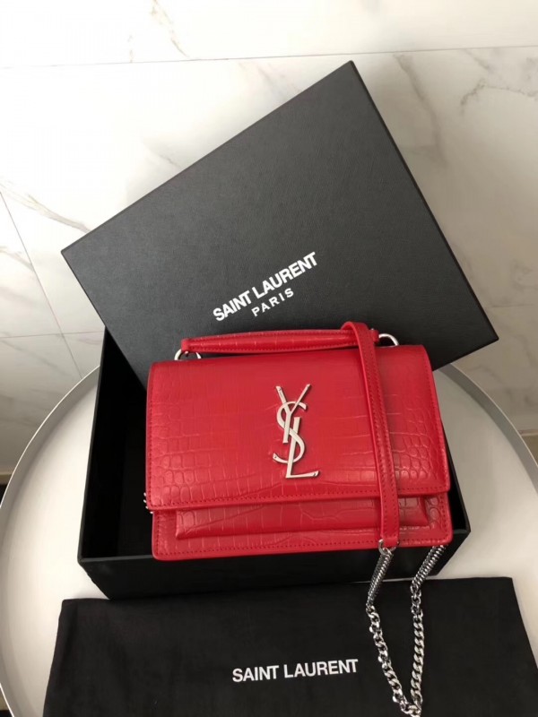Replica YSL Fake Saint Laurent WOC Sunset Chain Wallet In Red Croc-Embossed  Leather for Sale