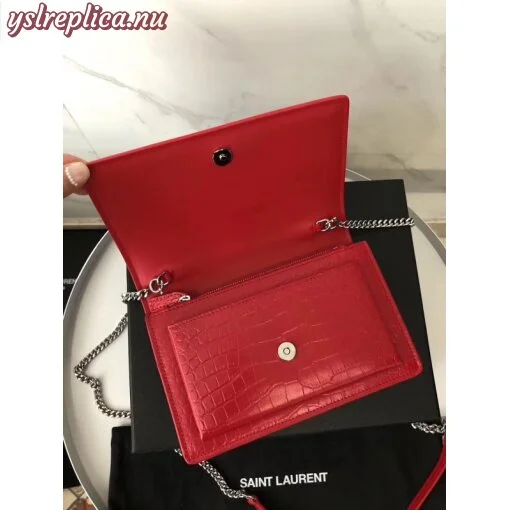 Replica YSL Fake Saint Laurent WOC Sunset Chain Wallet In Red Croc-Embossed Leather 3