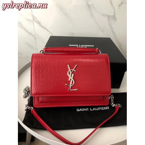 Replica YSL Fake Saint Laurent WOC Sunset Chain Wallet In Red Croc-Embossed Leather 7