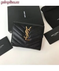 Replica YSL Fake Saint Laurent Compact Tri Fold Wallet In Black Leather 2