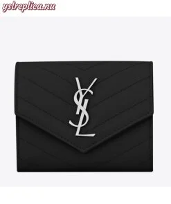 Replica YSL Fake Saint Laurent Compact Tri Fold Wallet In Noir Leather