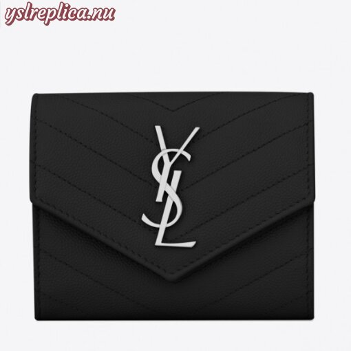 Replica YSL Fake Saint Laurent Compact Tri Fold Wallet In Noir Leather