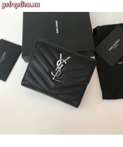 Replica YSL Fake Saint Laurent Compact Tri Fold Wallet In Noir Leather 2