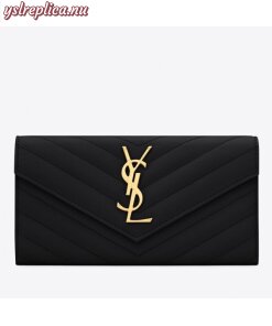 Replica YSL Fake Saint Laurent Large Monogram Flap Wallet In Black Grained Leather