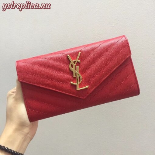 Replica YSL Fake Saint Laurent Large Monogram Flap Wallet In Red Grained Leather 6