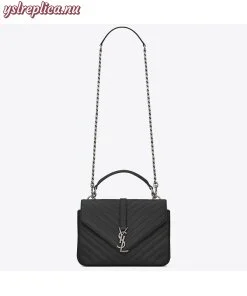 Replica YSL Fake Saint Laurent Medium College Bag In Black Goatskin Leather
