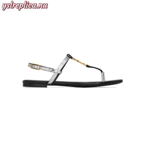 Replica YSL Saint Laurent Cassandra Flat Sandals In Reflective Leather With Gold-tone Monogram