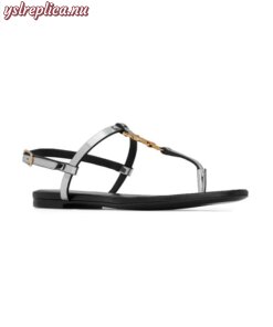 Replica YSL Saint Laurent Cassandra Flat Sandals In Reflective Leather With Gold-tone Monogram 2