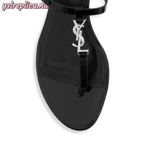 Replica YSL Saint Laurent Cassandra Flat Sandals In Patent Leather With Rhinestone Monogram 3