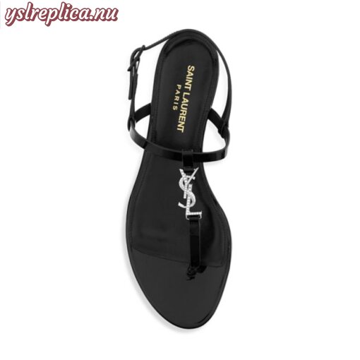 Replica YSL Saint Laurent Cassandra Flat Sandals In Patent Leather With Rhinestone Monogram 4
