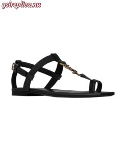 Replica YSL Saint Laurent Cassandra Flat Sandals In Smooth Leather With Gold-tone Monogram 2