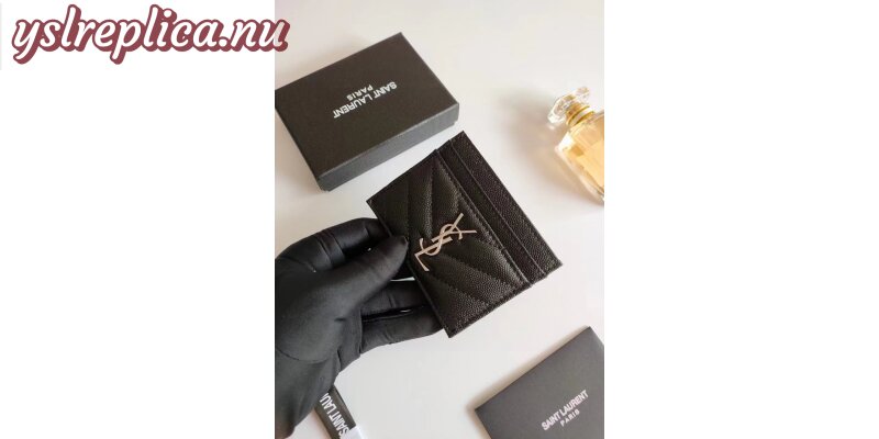 Replica YSL Cassandre MatelassÉ Card Holder Case In Grain De Poudre Embossed Leather Black 1 2