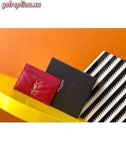 Replica YSL Cassandre MatelassÉ Card Holder Case In Grain De Poudre Embossed Leather Red